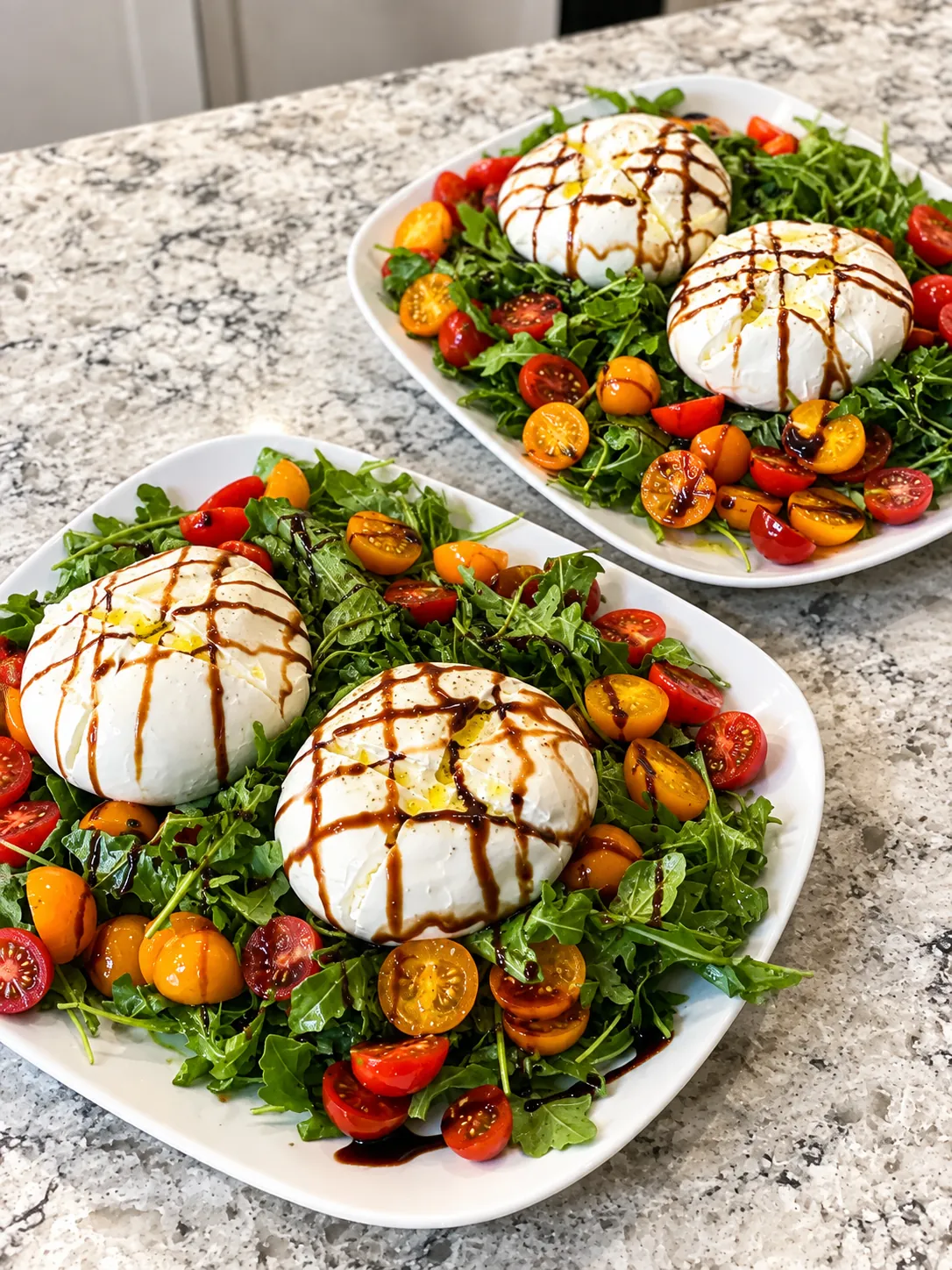 Burrata with sliced heirloom tomatoes, basil, and balsamic glaze