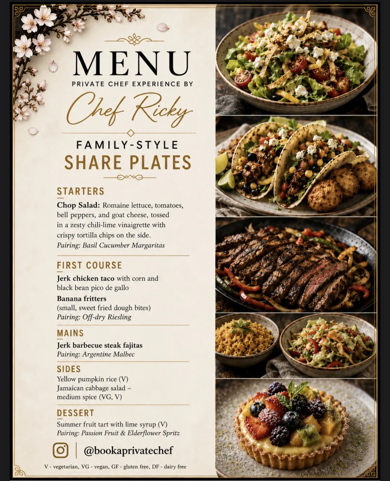 Sample shared-plates menu with courses and wine suggestions