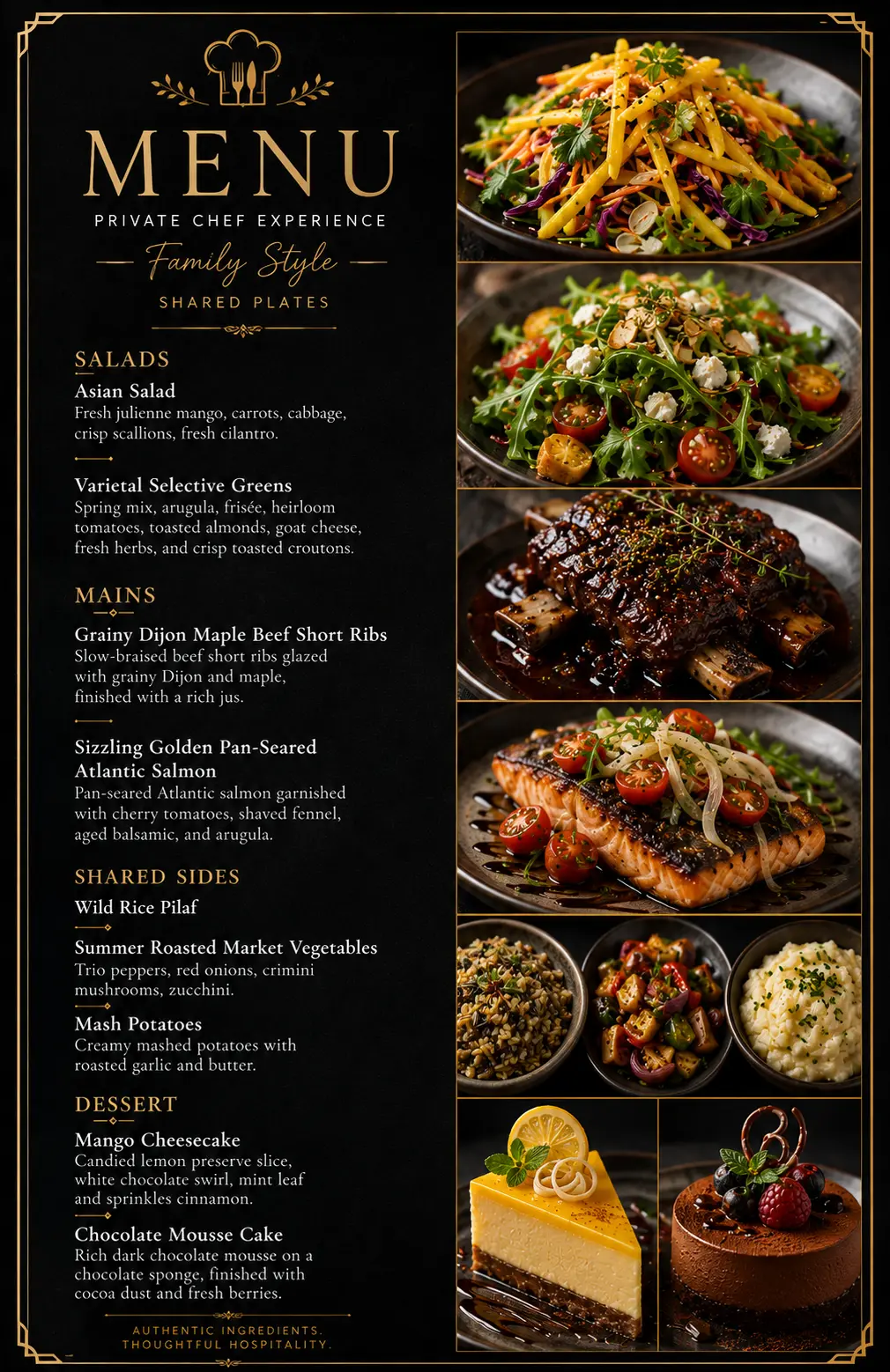 Sample family-style menu with salads, short ribs, salmon and dessert