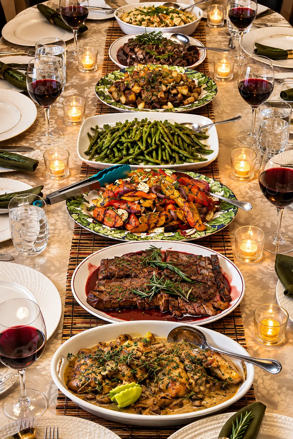 Family-style buffet of steak, chicken, green beans, and roasted vegetables with wine and candles