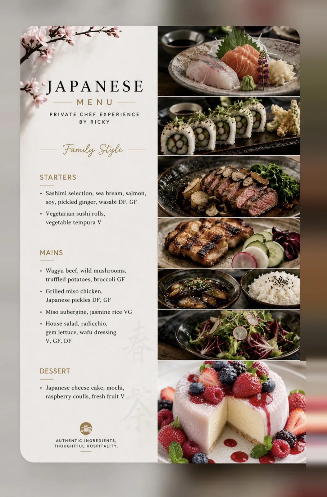 Sample Japanese menu with sashimi, sushi, wagyu and cheesecake