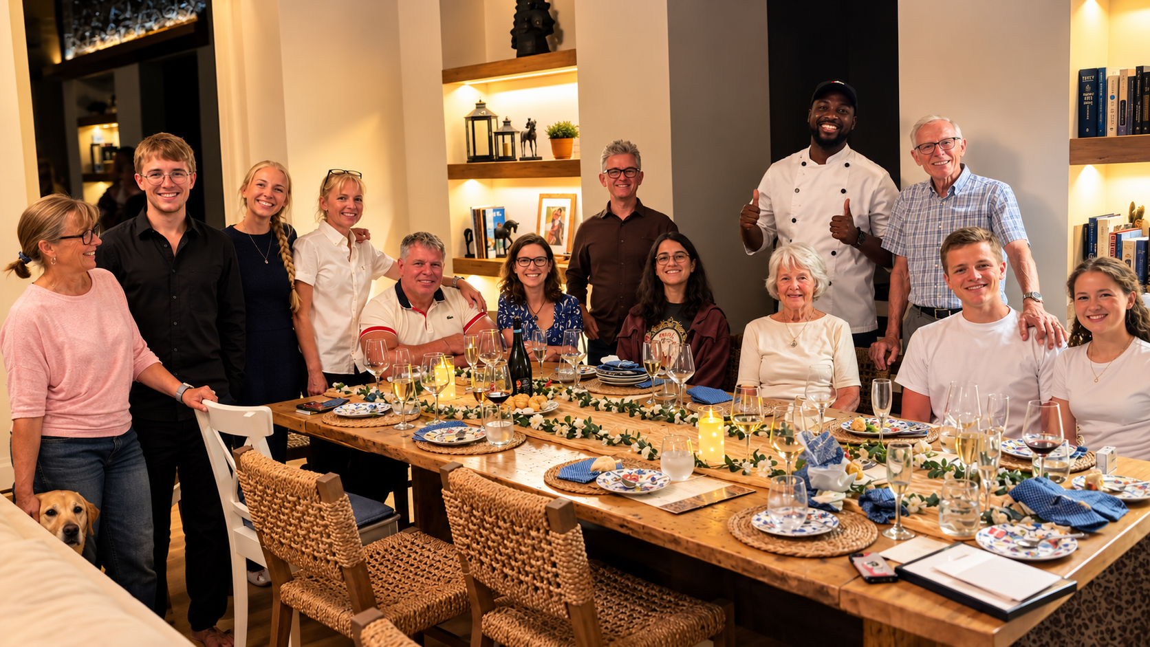 Chef Ricky with guests around a beautifully set dinner table