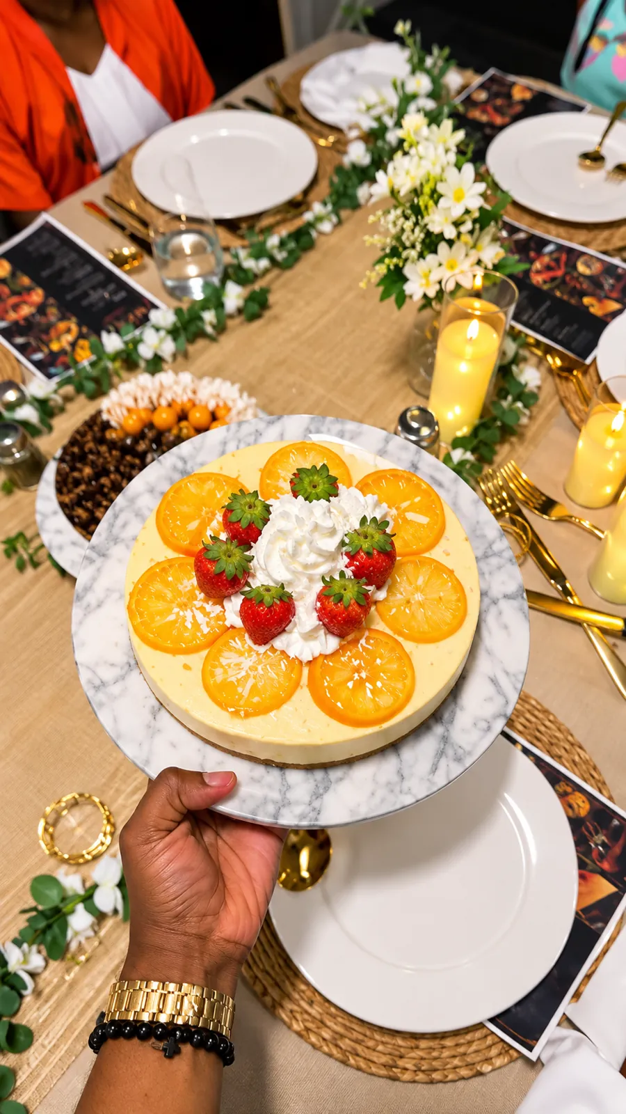 Citrus and strawberry cheesecake on a candlelit dinner table