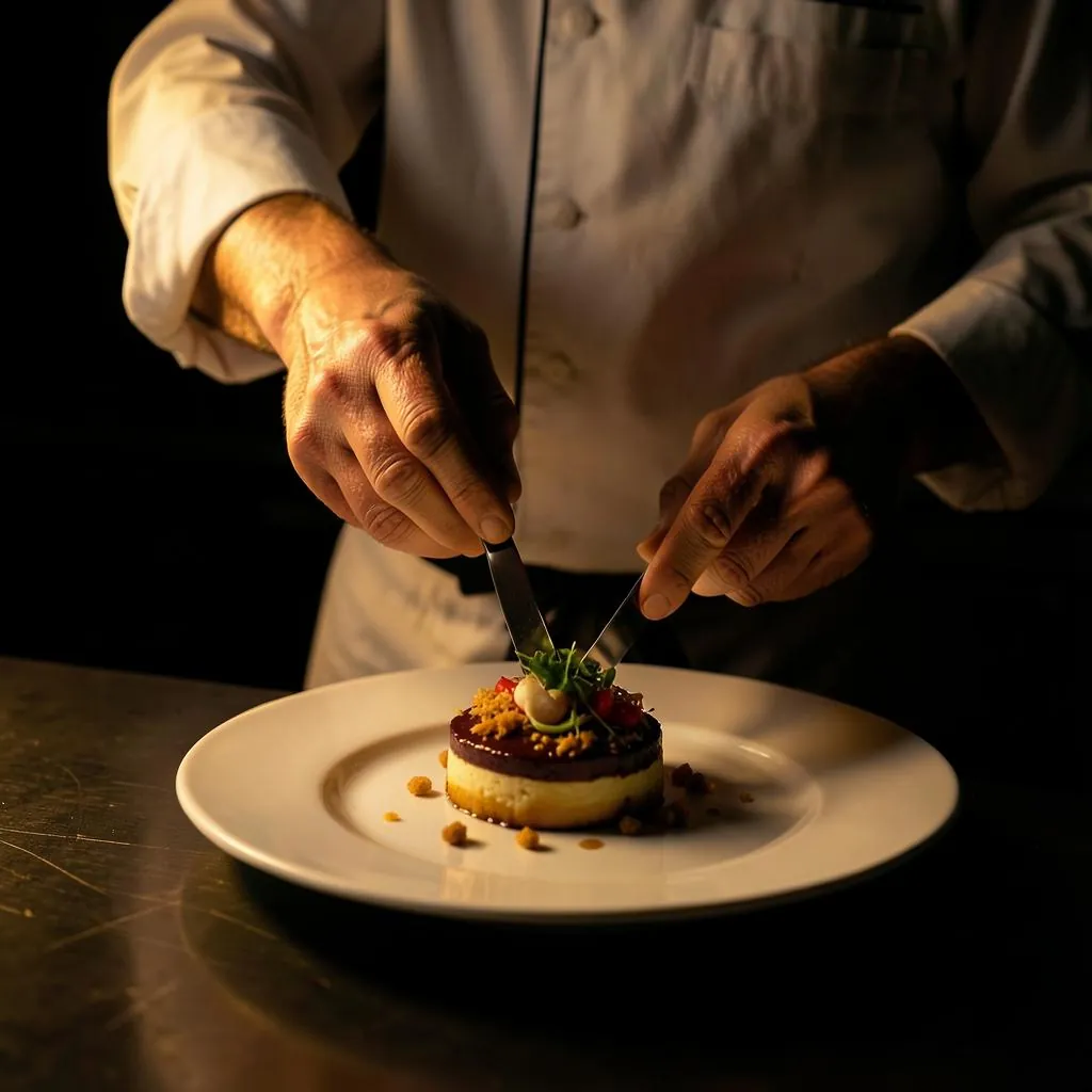 Chef's hands finishing a plated dessert for a small dinner
