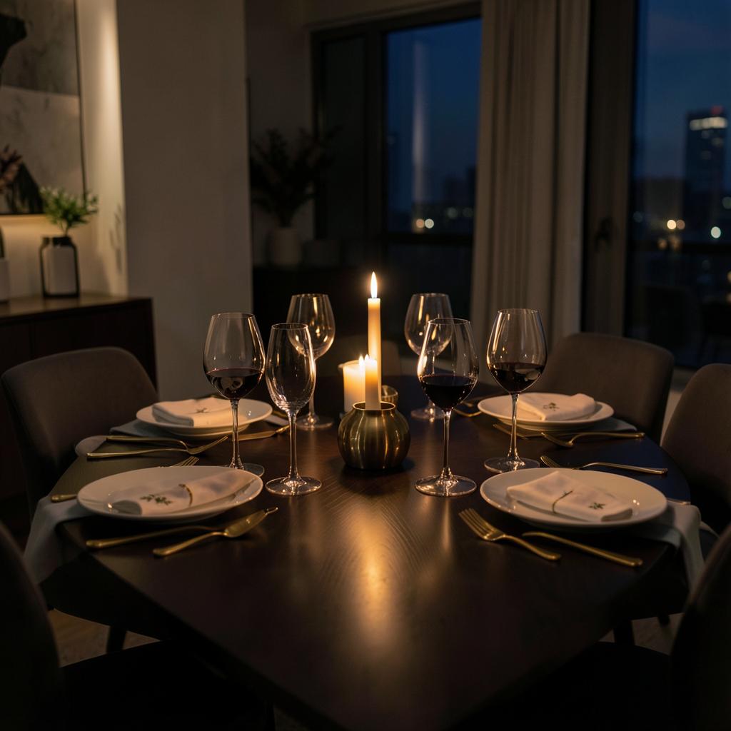 Candlelit dinner party table set for eight