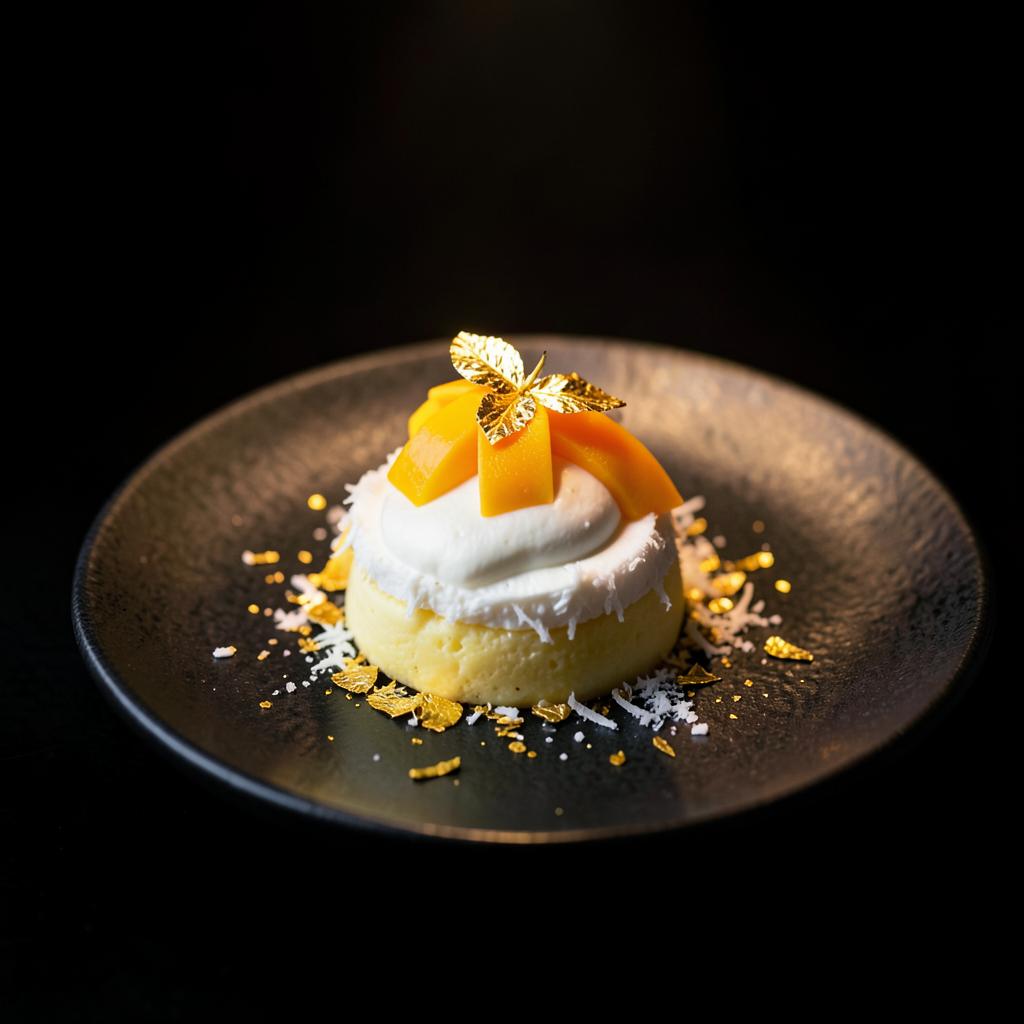 Mango and coconut dessert finished with gold leaf
