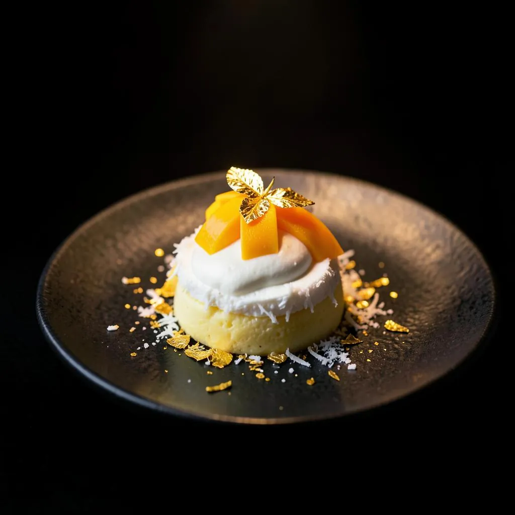 Mango and coconut dessert on a dark plate, finished with gold leaf