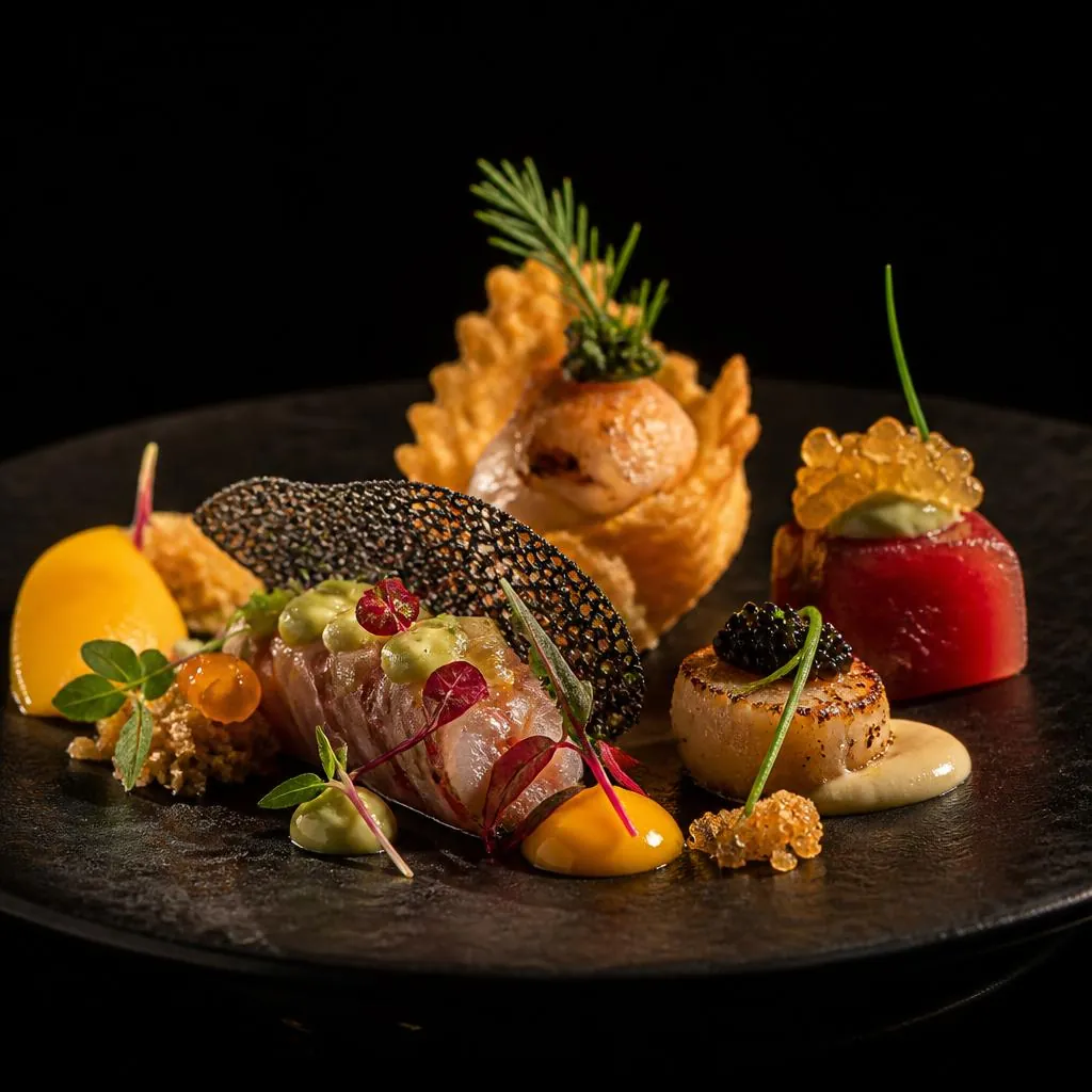 Small fusion tasting course arranged with a tweezered herb garnish